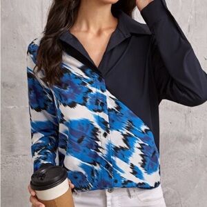 Retro 80s Abstract Paintstroke Blue Black Button Down Shirt M Long Sleeve Top